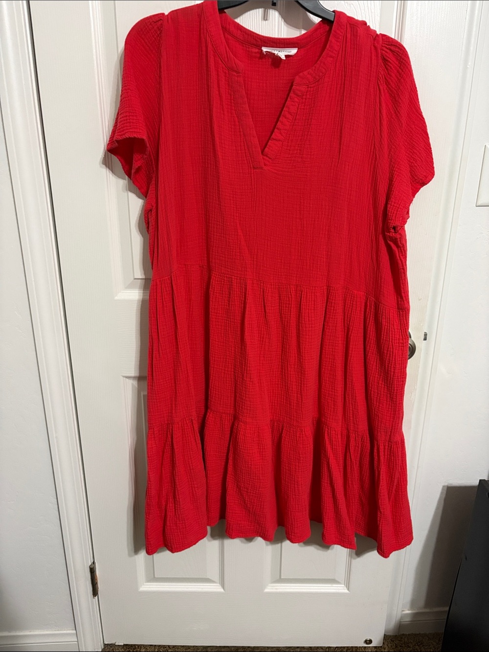 Red Short-Sleeve Tiered Women's Dress w pockets